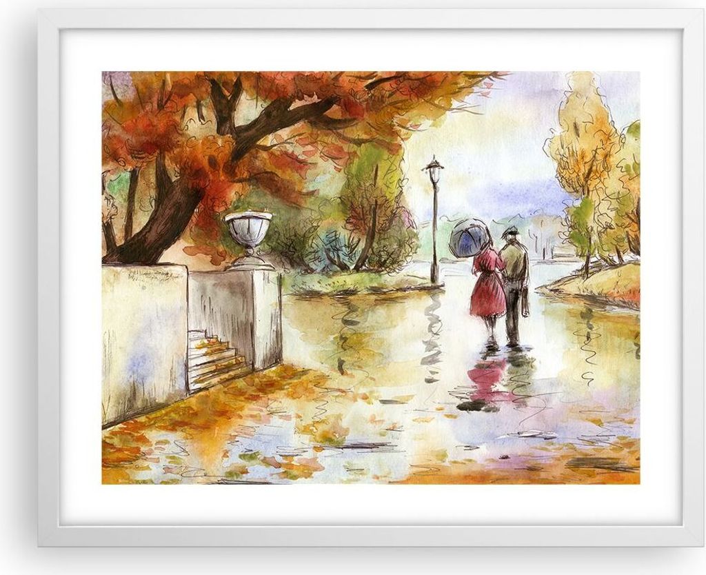 Gerahmtes Poster - Weißer Rahmen - Wetter regen herbst park - 50x40 cm - Wand Bild - Wanddeko - Wandbilder - Kunstposter - Wandposter - Bilderrahm...