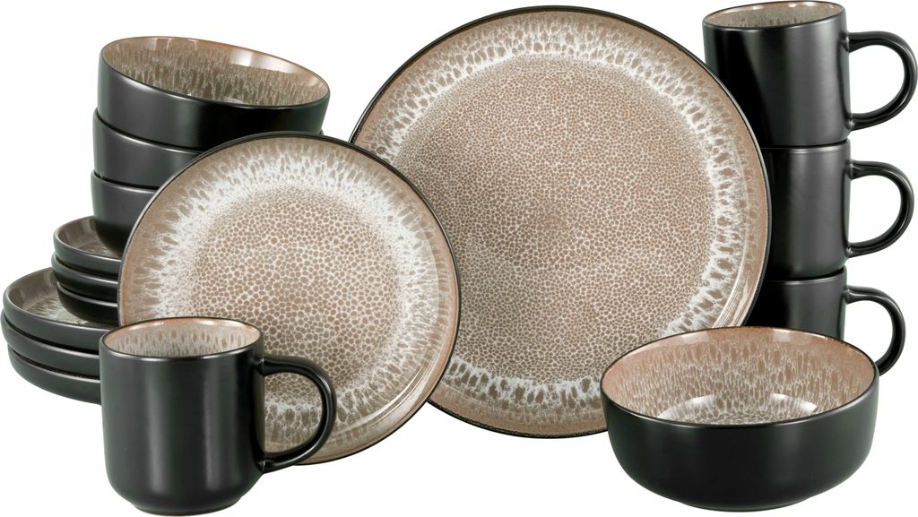 A collection of stoneware dinnerware, including plates, bowls, and mugs, arranged on a white background.