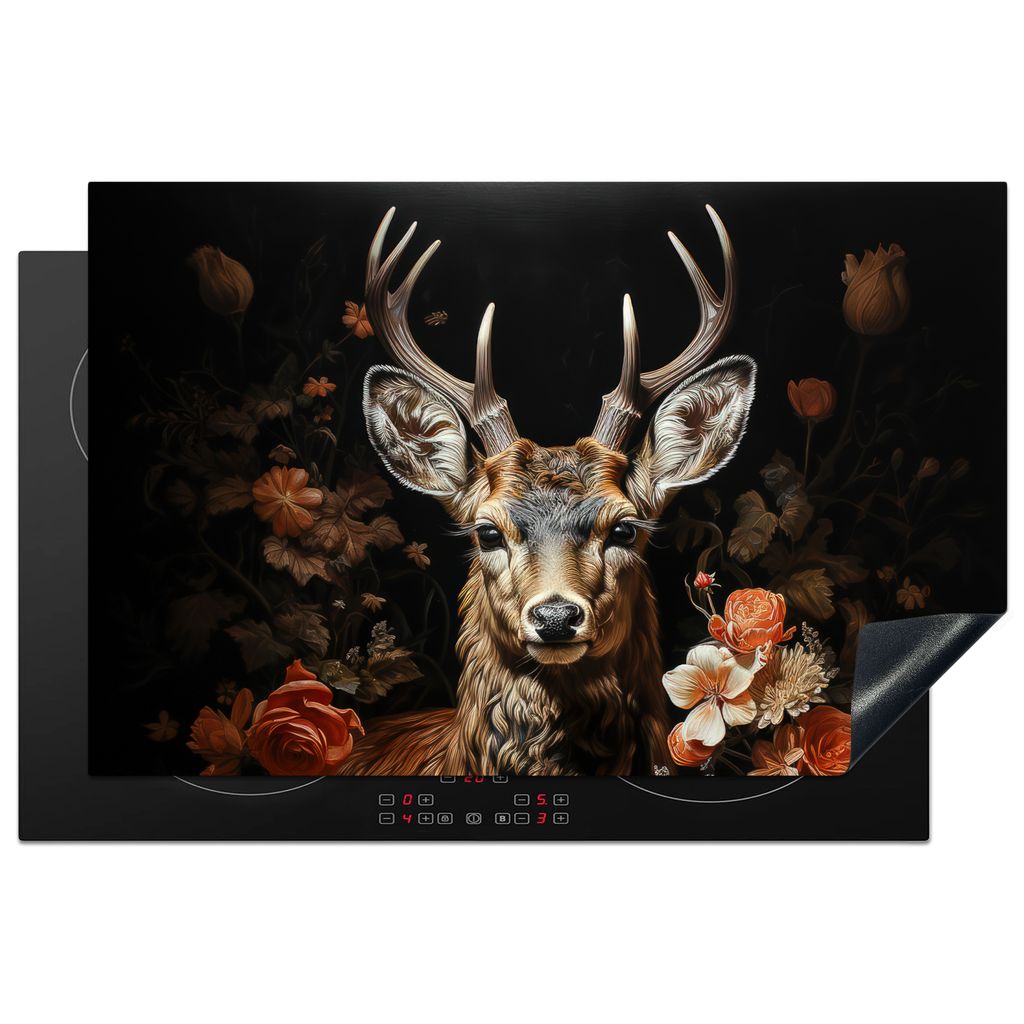 KitchenYeah Herdabdeckplatte Hirsch - Tier - Blumen - Natur - Botanisch , 81x52cm, Küche Deko, Glaskeramikkochfeld Herdabdeckung, Abdeckplatte f...