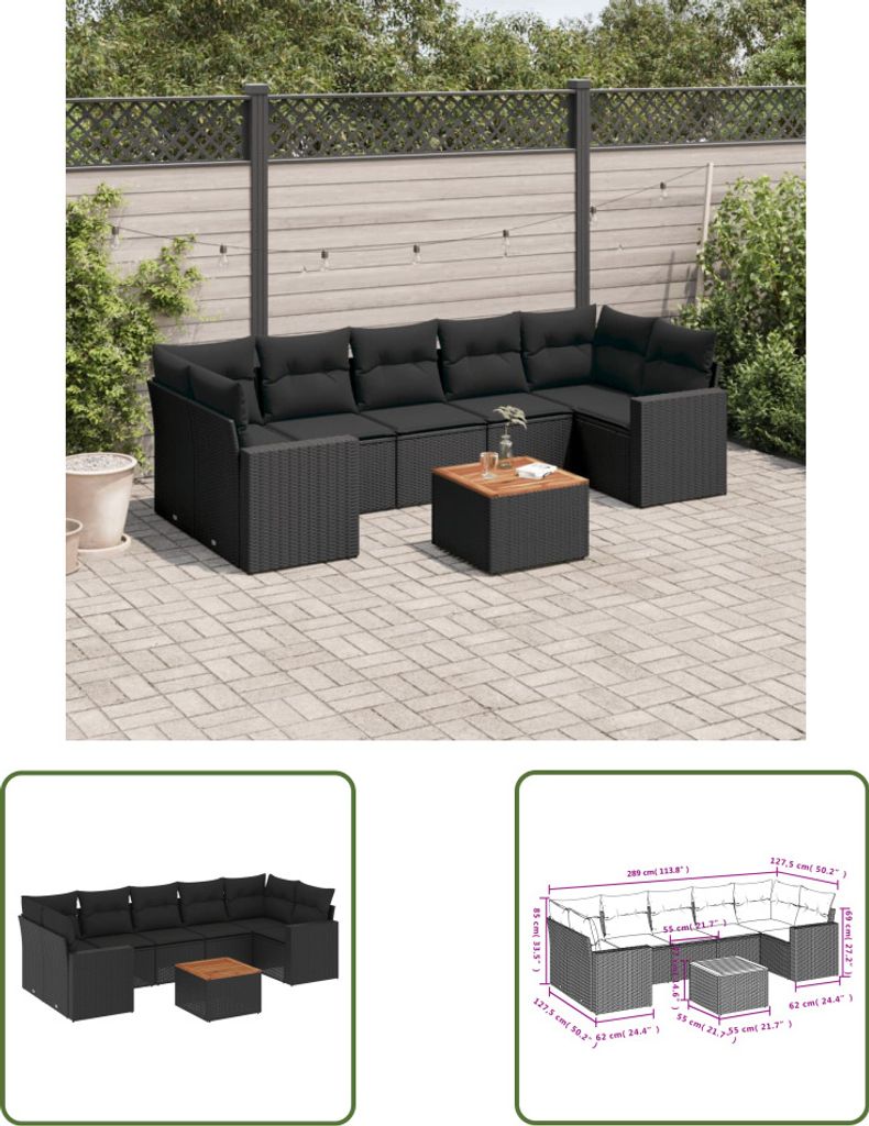 The Living Store 8-tlg. Garten-Sofagarnitur mit Kissen Schwarz Poly Rattan