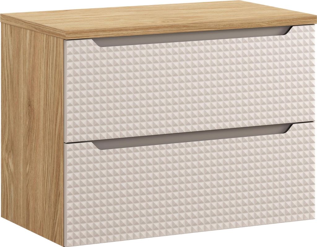 Badschrank 80 Cm Mit Eichenplatte Und Beigen 3D-Fronten - Ein Möbelstück Für Jedes Bad