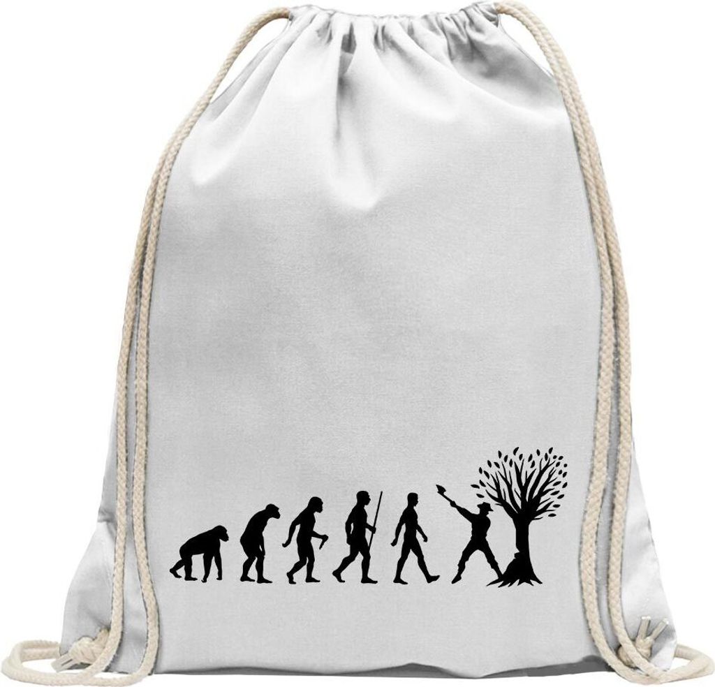 Kiwistar - Turnbeutel - weiss - Evolution Holzfäller Axt extrem - Fun Rucksack Sport Beutel Gymsack Baumwolle mit Ziehgurt