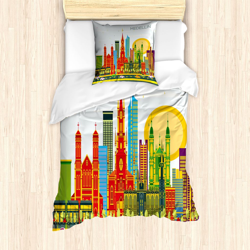 ABAKUHAUS Reise Bettbezug Set für Einzelbetten, Grafik-Bild Medellin Stadt, Milbensicher Allergiker geeignet mit Kissenbezug, 135 cm x 200 cm - 80...