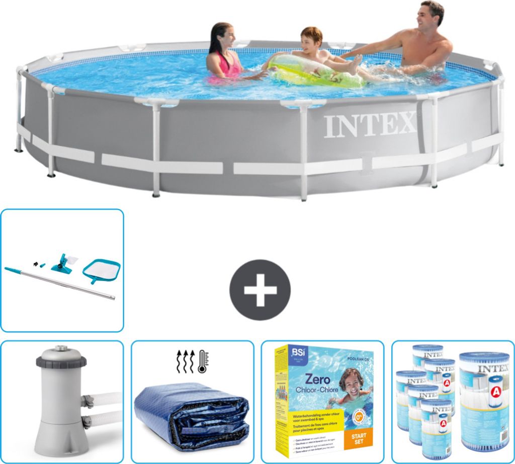 Intex Round Prism Frame Swimming Pool – 366 x 76 cm – Grau – inklusive Pumpe Sonnensegel - Wartungspaket - Filter - Reinigungskit