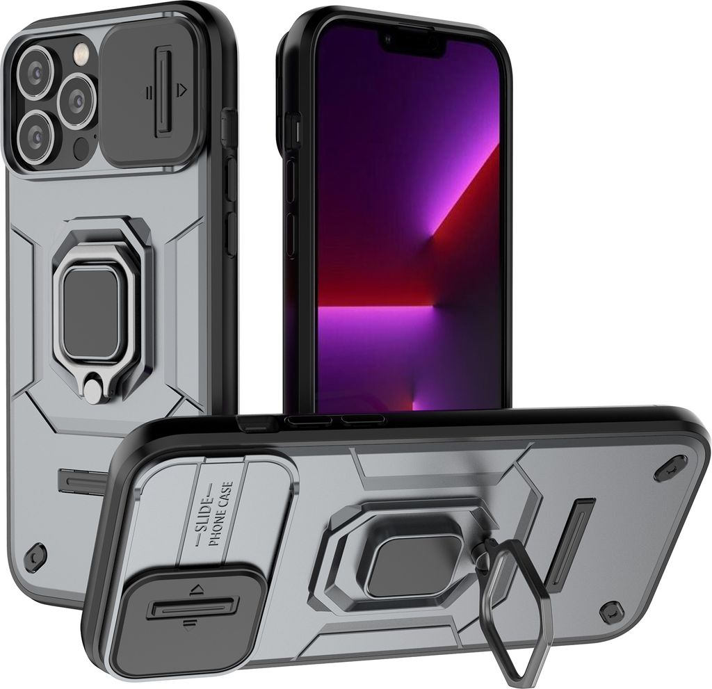 Hülle für iPhone 13 Pro Max Dual Layer Handyhülle Schiebe Kamera Schutz und Ringhalter Ständer Grau