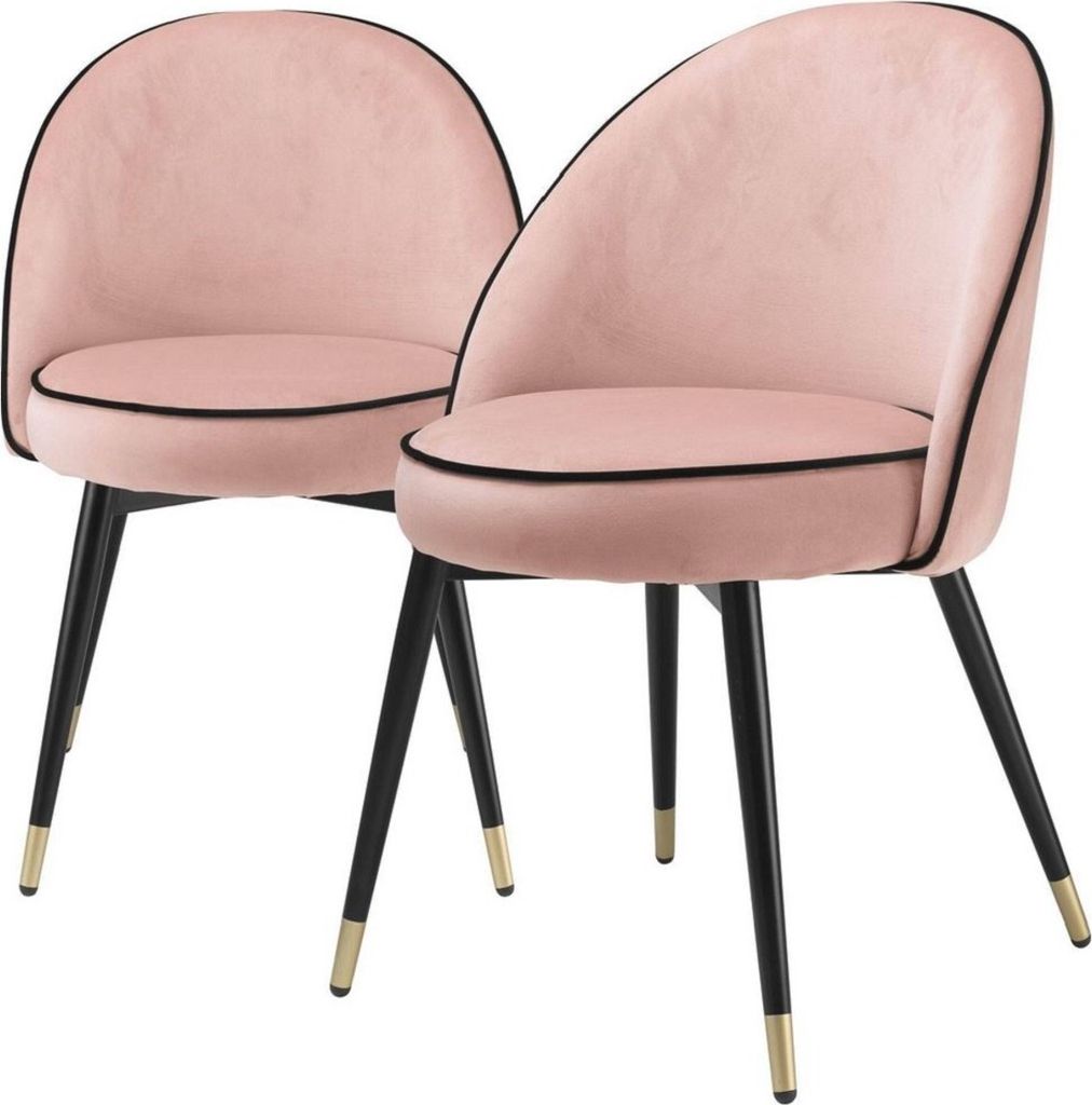 Casa Padrino Luxus Esszimmerstuhl Set Rosa / Schwarz / Messing 55 x 64 x H. 83 cm - Esszimmerstühle mit edlem Samtstoff - Esszimmer Möbel