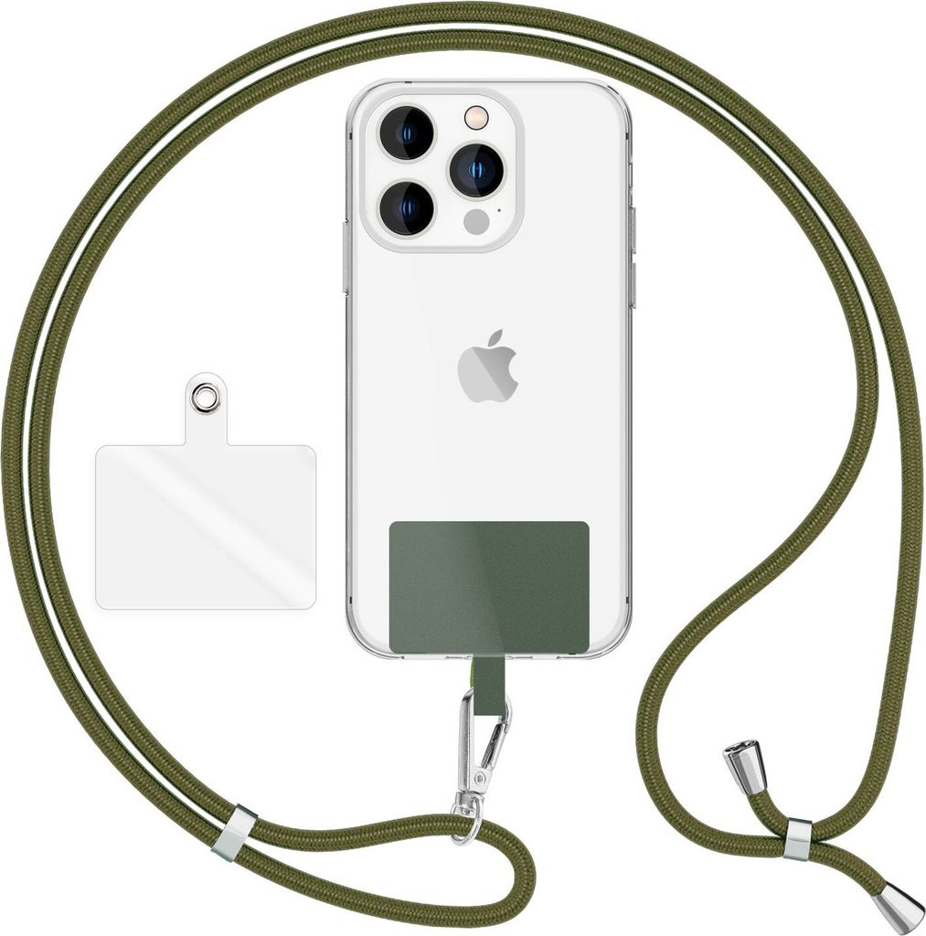 HoldMe Air Edition - Universal Lanyard mit 2 Pads & Karabinerhaken (silber) - 160cm Handyband zum Umhängen - Oliv Grün