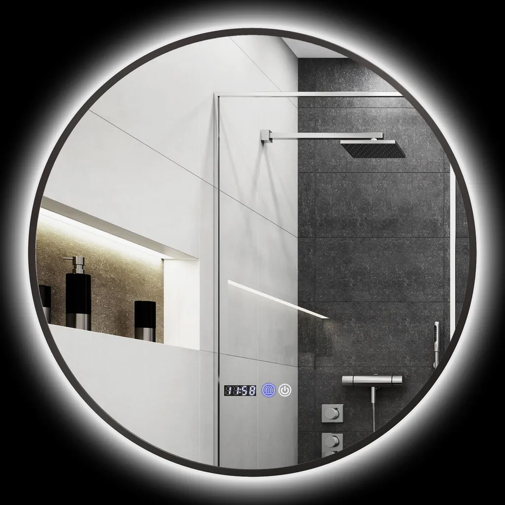 Miroir rond mural LED avec affichage heure et température 70 cm