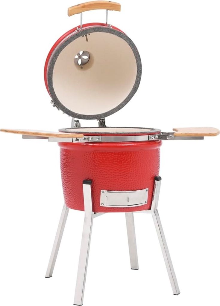 Roter Keramik-Grill mit 2 klappbaren Holz-Seitenregalen, 81 cm, Edelstahl-Dämpfer