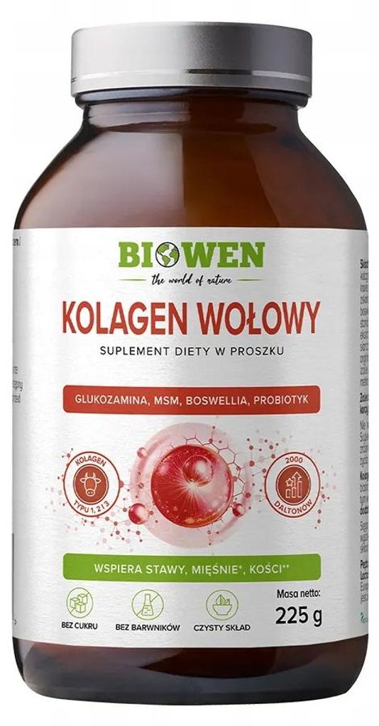 Biowen kolagen wołowy typu I II III proszek 225g skóra stawy kości