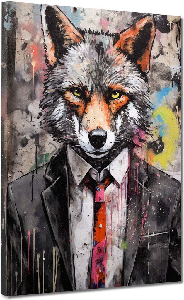 Wolf im Anzug Pop Art Colour Leinwandbild Wandbild Kunstdruck XL Wanddeko: 90x120x4cm