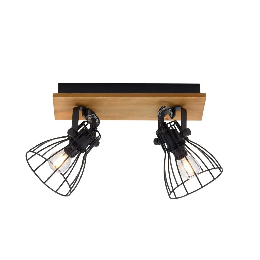 Luminaire de plafond style industriel bois et métal noir spot orientable
