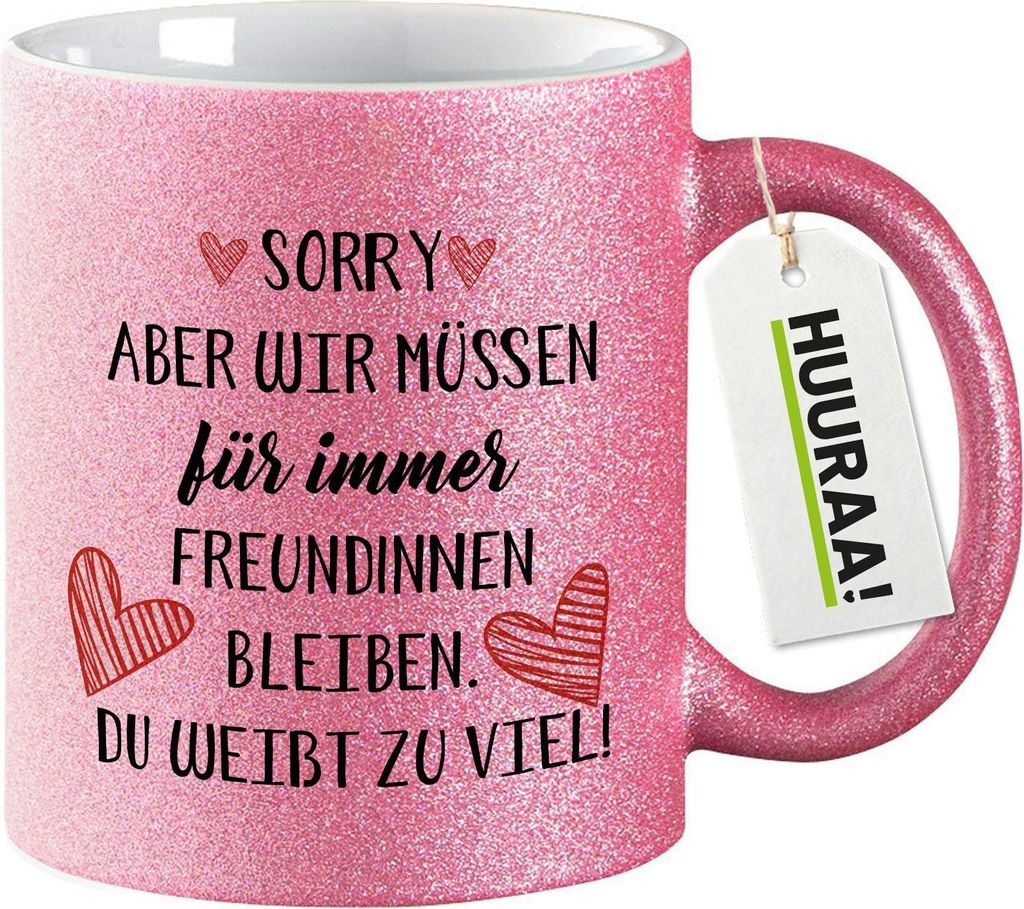 Huuraa Glitzertasse Du weißt zu viel. Müssen für immer Freunde bleiben. 330ml Pink Keramik Kaffeebecher Geschenkidee