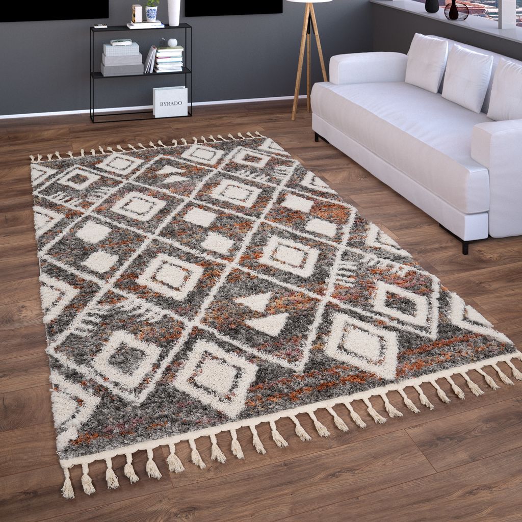 Hochflor Teppich Wohnzimmer Shaggy Boho Modern Skandi Rauten Fransen Grösse 120x160 cm