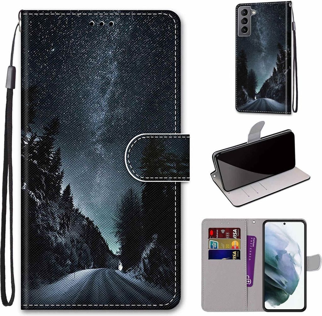 König Design Hülle kompatibel mit Samsung Galaxy S22 5G Kunstleder Handyhülle - Handy Case Bergstraße Sternenhimmel