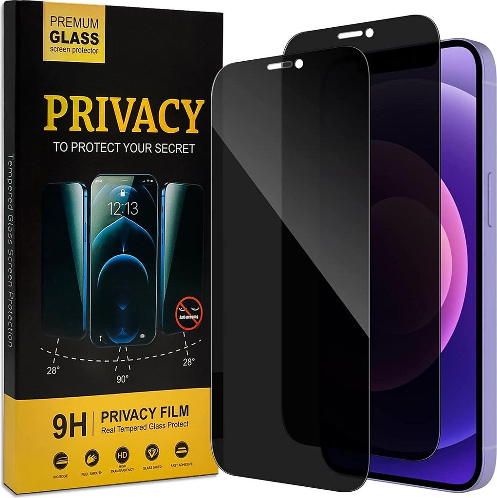 A product box and two privacy screen protectors for a smartphone are displayed.