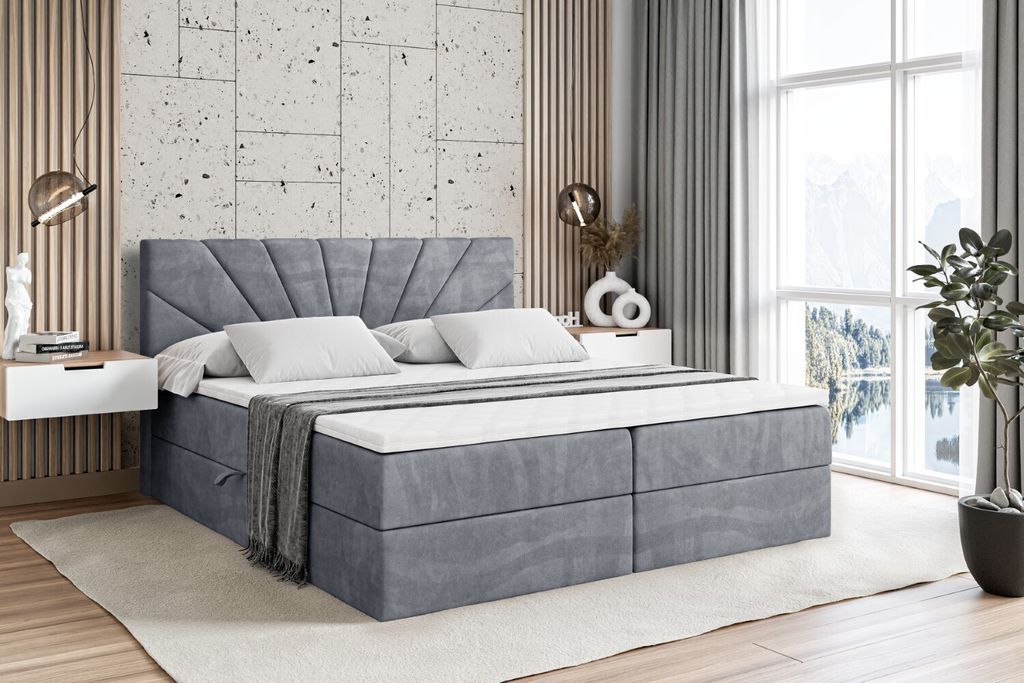 ALTDECOR Boxspringbett mit H3 Matratze und Topper - 200 x 200 cm - MILTIO - Grau Samt - Polsterbett mit Bettkasten und Lattenrost, Bett mit Stauraum