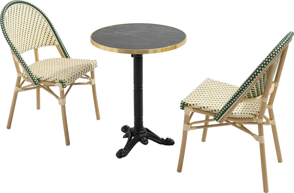 60 cm langer, Terrassentisch aus schwarzem Marmor und 2 grüne Stühle - Oviala Montmartre