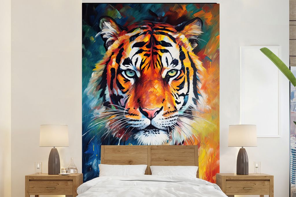 MuchoWow Fototapete für Wohnzimmer oder Schlafzimmer Wandtapete Vinyl Motivtapete Tiger - Tiere - Ölgemälde - Kunst - 155x240 cm - Tapete