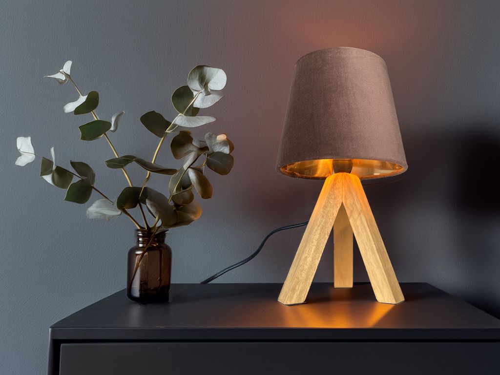 Kleine Dreibein Tischlampe mit Holz-fuß & Samt Lampenschirm Braun Gold, H: 27cm