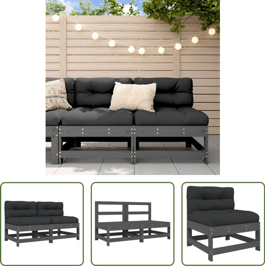 The Living Store Mittelsofas mit Kissen 2 Stk. Grau Massivholz Kiefer