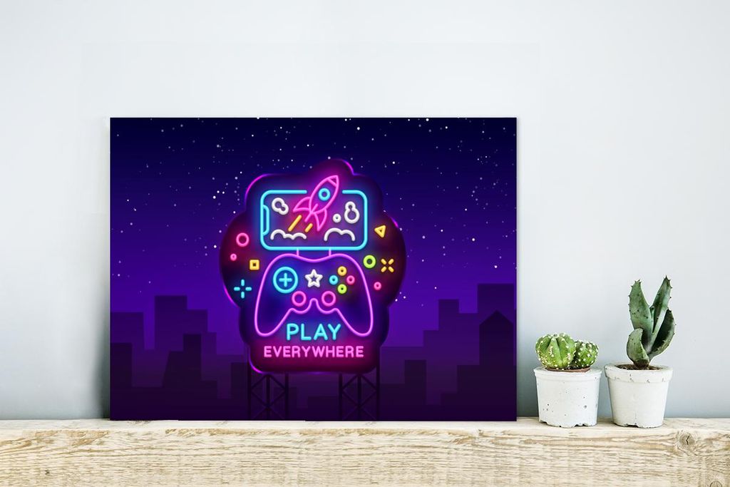 MuchoWow Wanddekoration Metall Metallbild Wandkunst 40x30 cm Gaming - Neon - Spielen - Blau - Nacht - Controller MuchoWow Aluminium Gemälde - Deko...