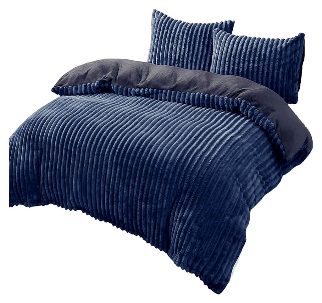 Bettwäsche Cashmere-Touch Teddy Plüsch Set 240x220 cm 3-teilig Cord-Optik Winter kuschelig warm Dunkelblau Wendebettwäsche