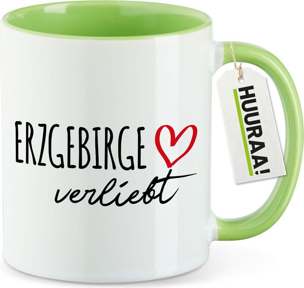 Huuraa Kaffeetasse Erzgebirge verliebt 330ml Grün Keramik Kaffeebecher Geschenkidee