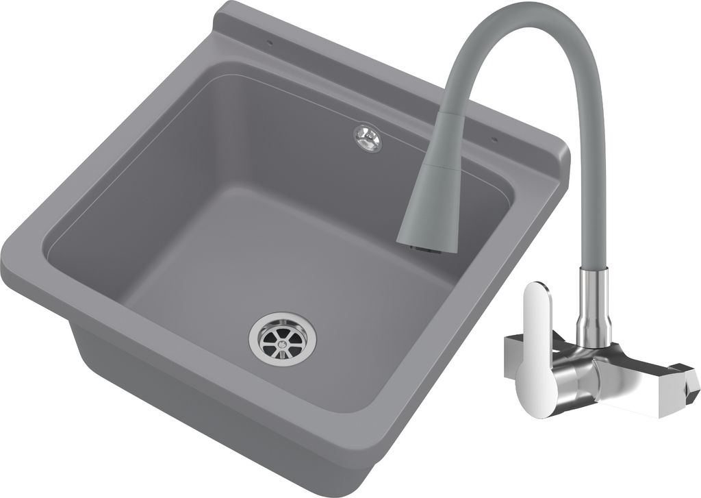 Granitan | Spülbecken - Wirtschaftsspüle - ORTA - mit Armatur - mit Siphon - Grau - 40 x 38 cm - für Waschküche und Garage