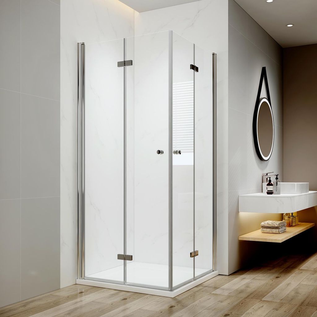 EMKE Duschkabine 80x80x185cm Eckeinstieg Falttür Schwingtür Duschwand Klarglas 6mm ESG Sicherheitsglas mit Beidseitiger Nano Beschichtung