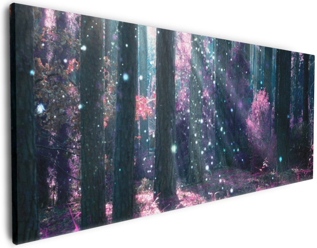 Wallario Premium Leinwandbild Fantasie im Wald - Pinke Blumen in der Sonne in Größe 50 x 125 cm