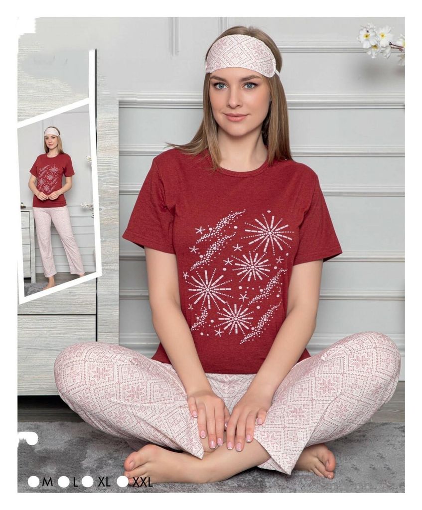 Damen Pyjama Schlafanzug Rot XXL Kurz 3-Teiler Set mit Augenband L-72