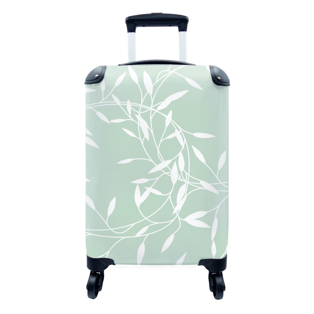 MuchoWow Koffer Handgepäck Trolley Rollkoffer Kleine Reisekoffer mit 4 Rollen - Äste - Weiß - Grün - Muster - Cabin Size < 55x40x23 cm & 55x4...