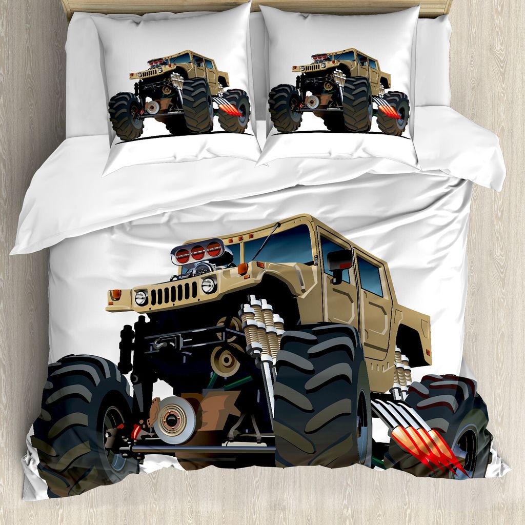 ABAKUHAUS Autos Bettbezug, Monster Truck Racing, Milbensicher Allergiker geeignet mit Kissenbezügen, 200 cm x 200 cm - 80 x 80 cm, Mehrfarbig