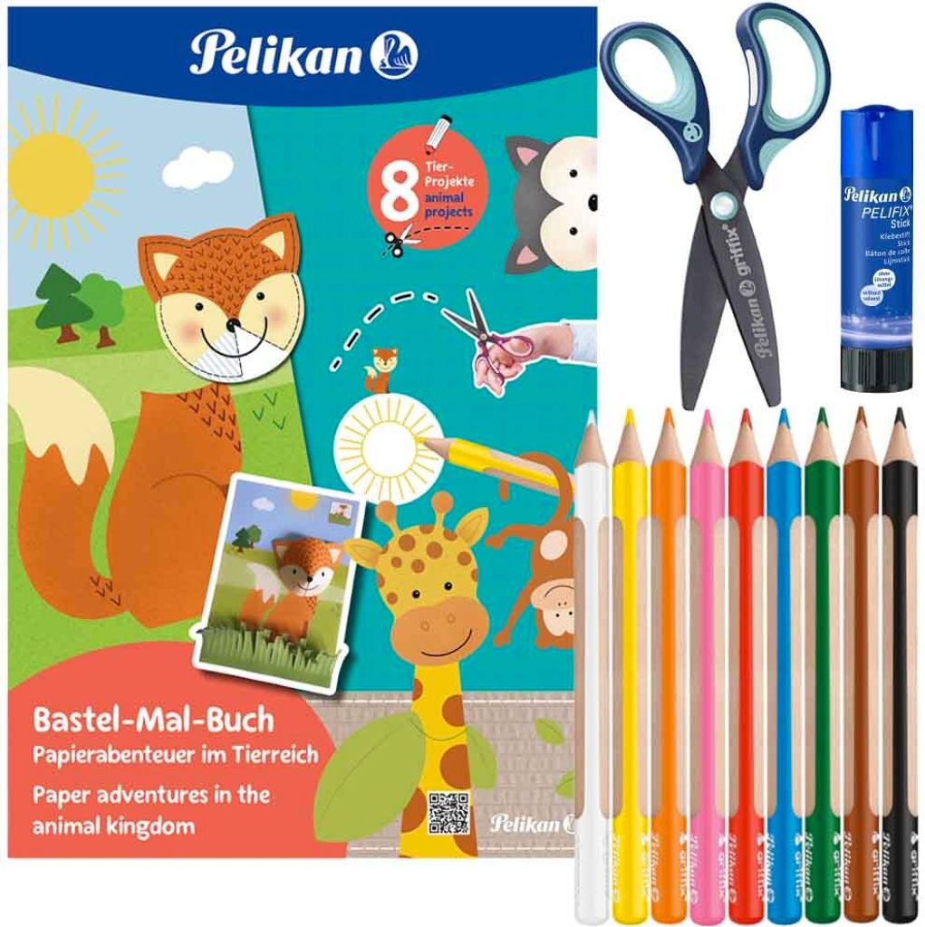 Pelikan Bastel Malbuch Set 4-teilig Tiere Griffix Schere Buntstifte Klebestift
