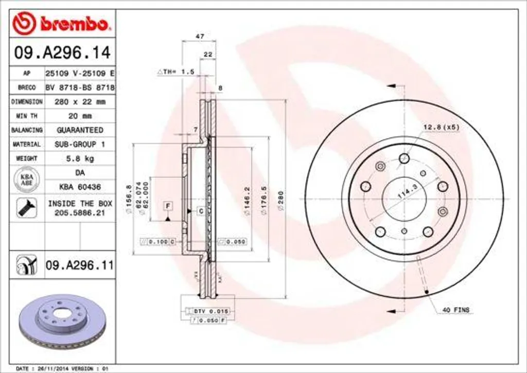 Disque de frein Brembo 09.A296.11 pour Suzuki SX4 et Fiat Sedici OE