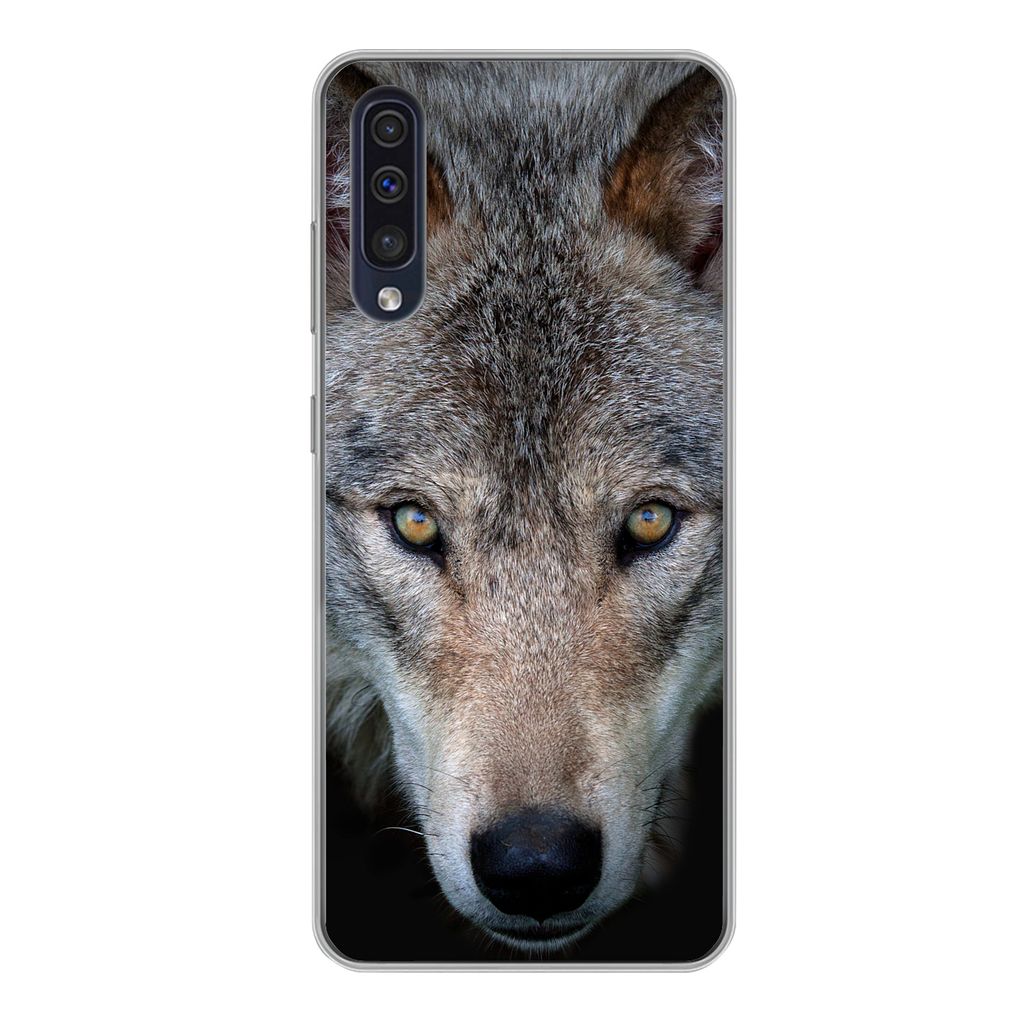 MuchoWow Handyhülle Schutzhülle Hülle für Samsung Galaxy A50 Wolf - Porträt - Schwarz Silikon Softcase Handy Hülle - Mobiltelefonhülle