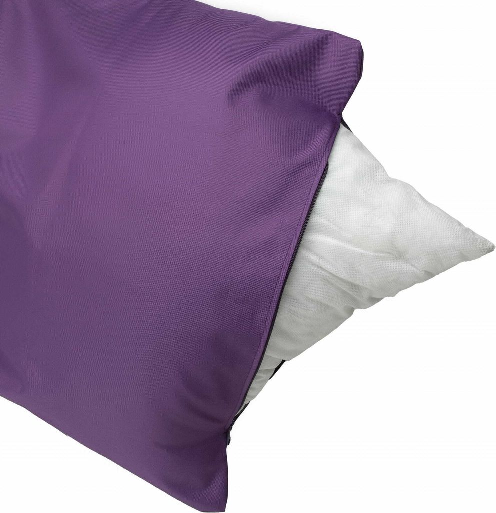 A close-up of a purple pillow with a white pillow inside, partially visible.