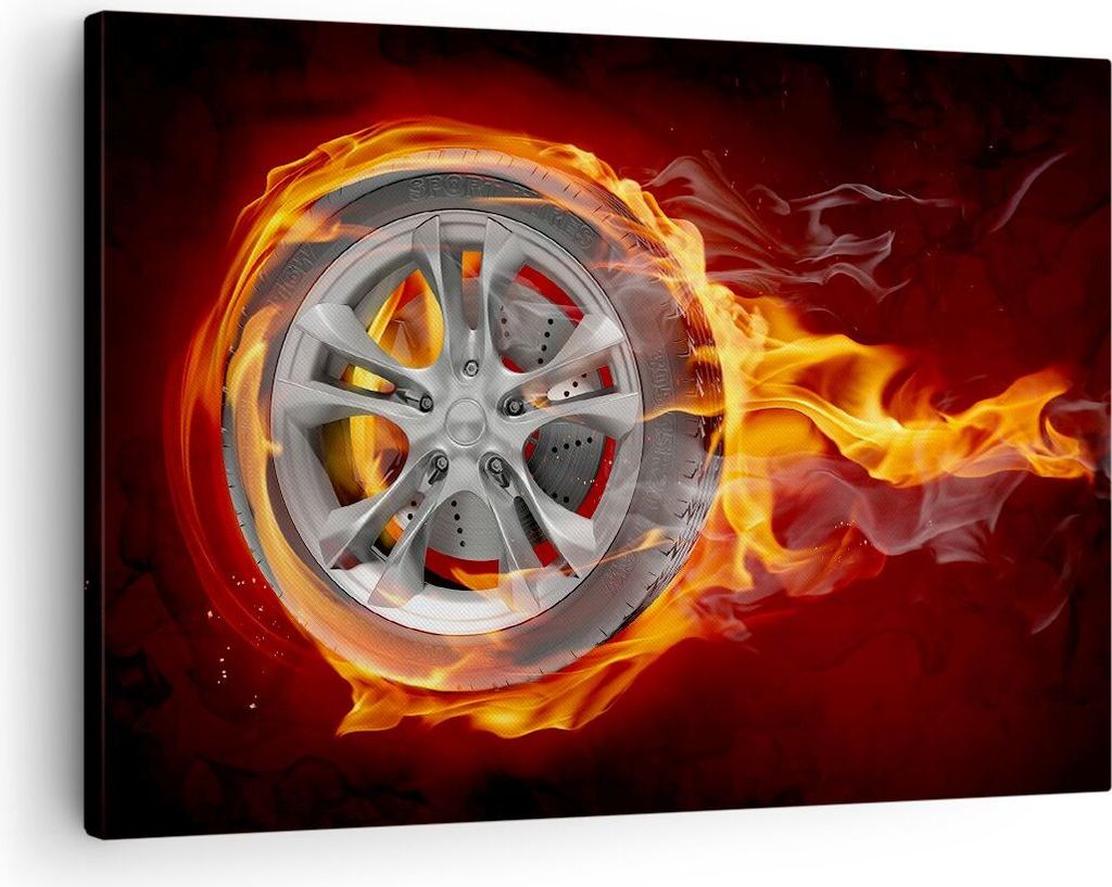 Bild auf Leinwand - Leinwandbild - Rad Flammen Felge - 70x50cm - Wand Bild - Wanddeko - Wandbilder - Leinwanddruck - Bilder - Kunstdruck - Wanddeko...