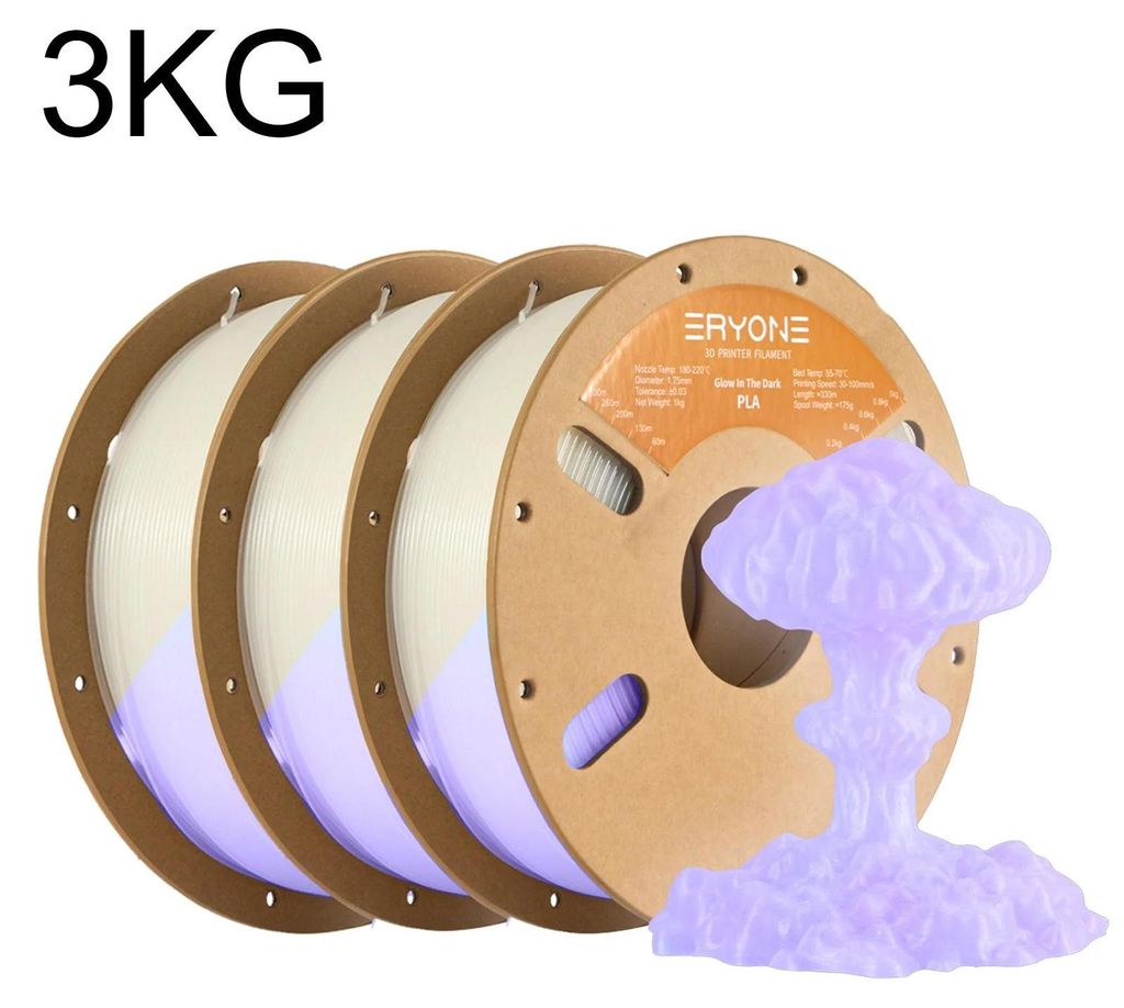 Leuchtendes PLA Filament - 3D Drucker Filament 1,75 mm - Glow in the Dark - 3 kg Spule - Geringe Schrumpfung - Lila