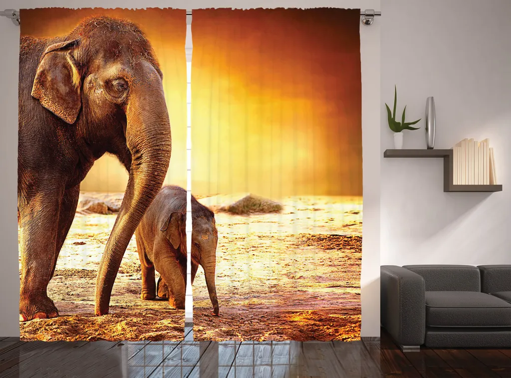 Rideau à fronces ABAKUHAUS Éléphant Mère et Bébé 280 x 225 cm Orange