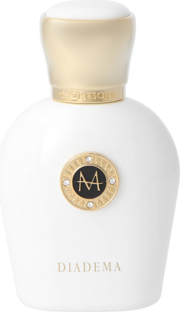 A white perfume bottle with gold accents.