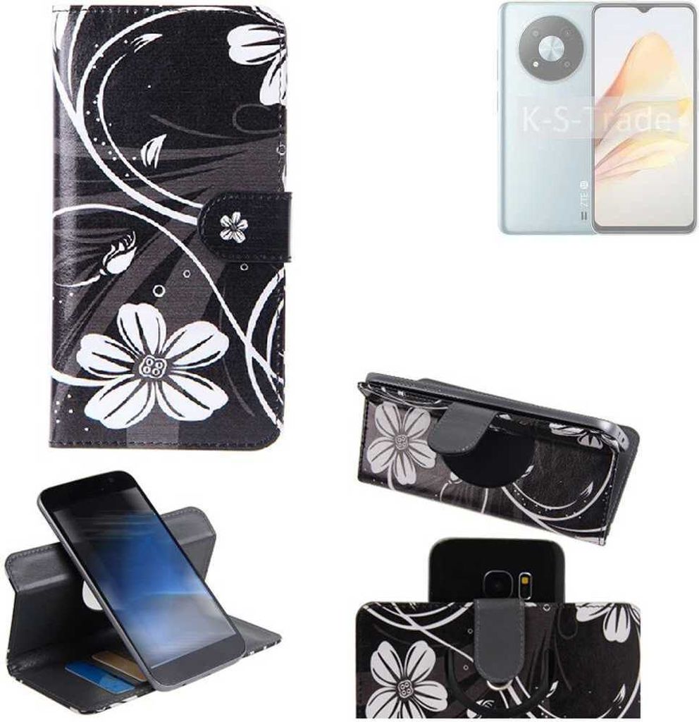 K-S-Trade Schutzhülle Handyhülle kompatibel mit ZTE Voyage 40 5G Hülle 360° Wallet Case “Flowers“ Klapphülle Hülle schwarz-weiß 1x