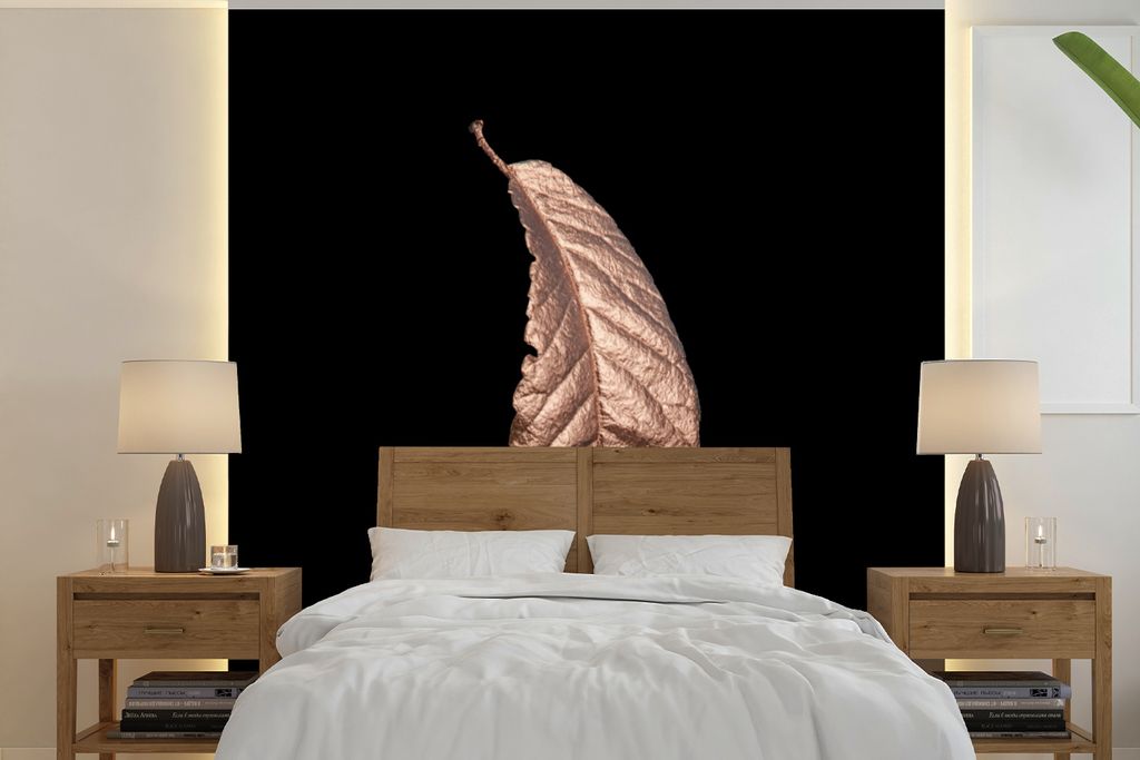 MuchoWow Fototapete für Wohnzimmer oder Schlafzimmer Wandtapete Vinyl Motivtapete Gold - Blatt - Rosa - 260x260 cm - Papiertapeten