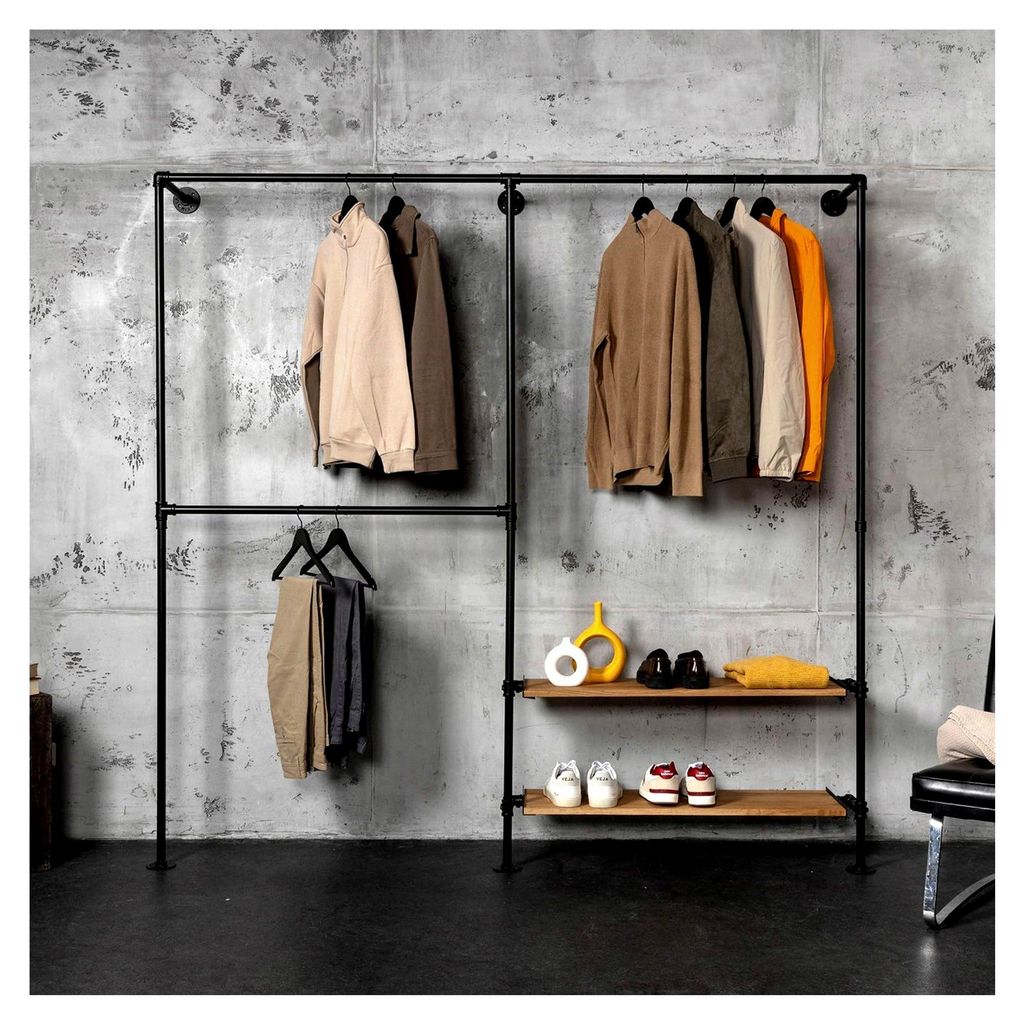 Kleiderstangensystem Björn im Industrial Design mit Eichenholzbrett | Höhe 210 cm x Breite 210 cm | Garderobe | Ankleidezimmer | Flur | begehbare...