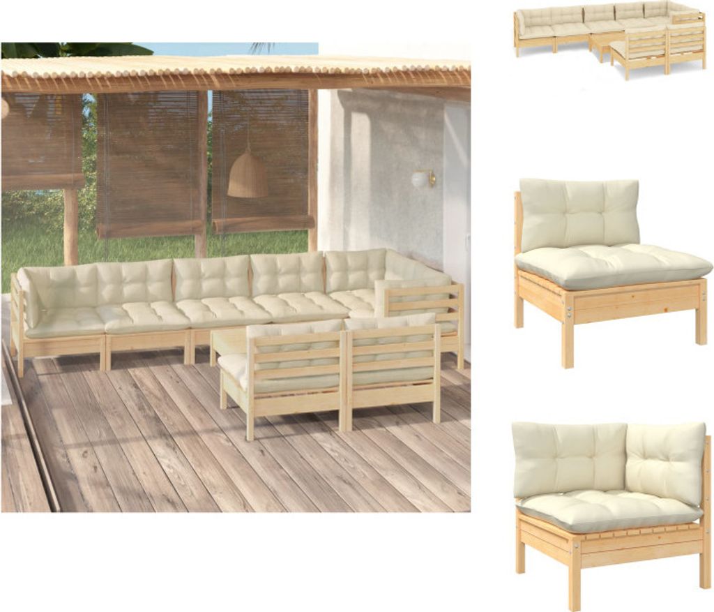 vidaXL 9-tlg. Garten-Lounge-Set mit Creme Kissen Massivholz Kiefer - Gartenmöbel-Sets