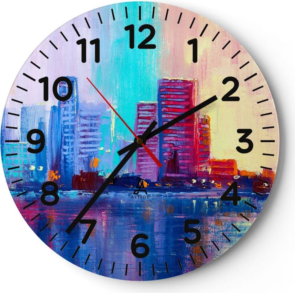 Wanduhr - Rund - Glasuhr - Stadt Haus Straße - 30x30cm - Schleichendes Uhrwerk - Lautlos - zum Aufhängen bereit - Dekoration Modern - Wanddekorat...