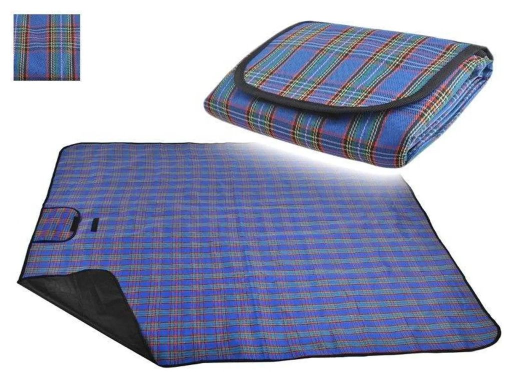 A folded and unfolded picnic blanket with a plaid pattern.