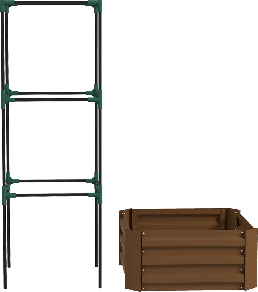 Hochbeet mit Rankgitter Pflankasten mit Rankhilfe, offener Boden, wetterbeständig, 61 cm x 61 cm x 140 cm, Braun