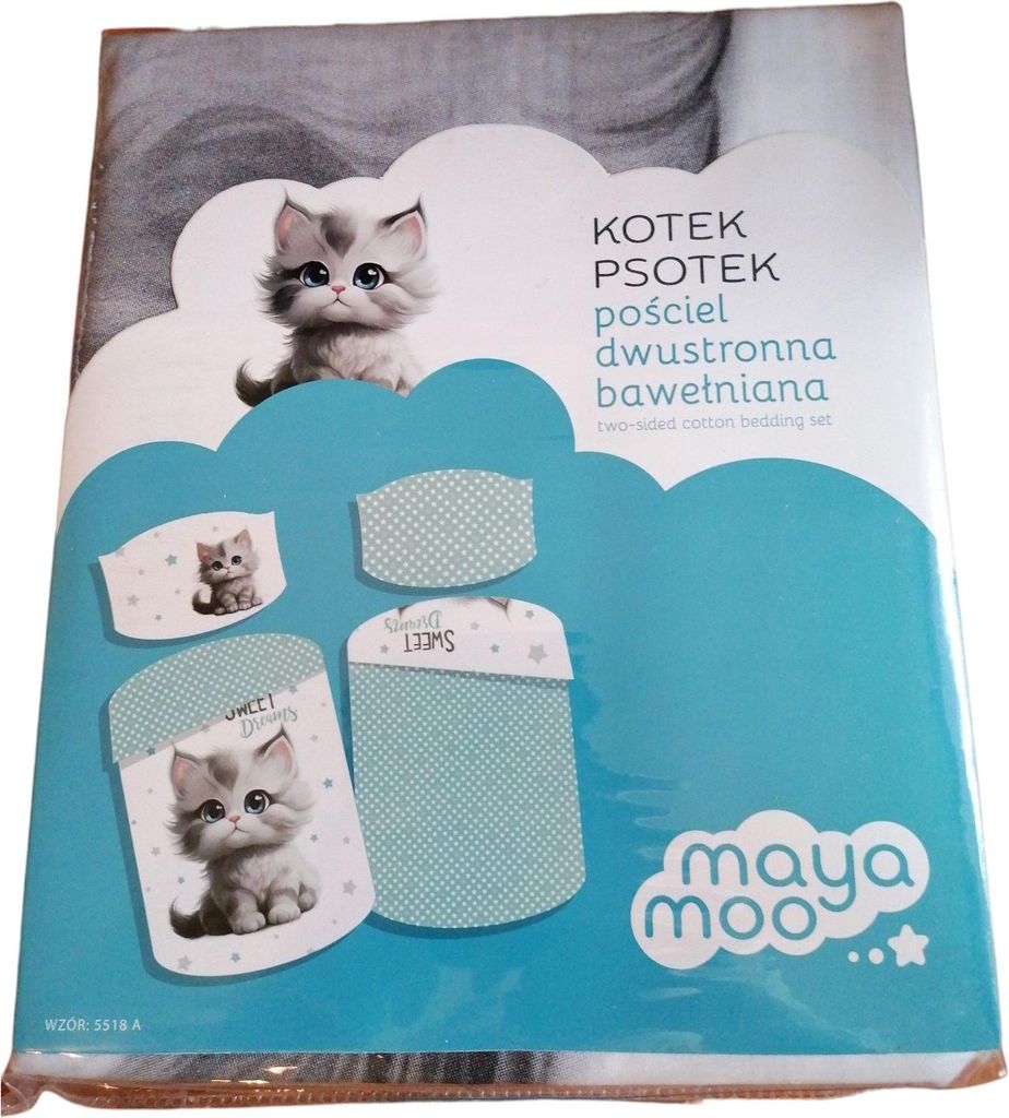 Kinder-Bettwäsche Katze „Sweet Dreams“ 100x135 + 40x60 | 100 % Baumwolle | Reißverschluss | Vorderseite Weiß, Rückseite Blau